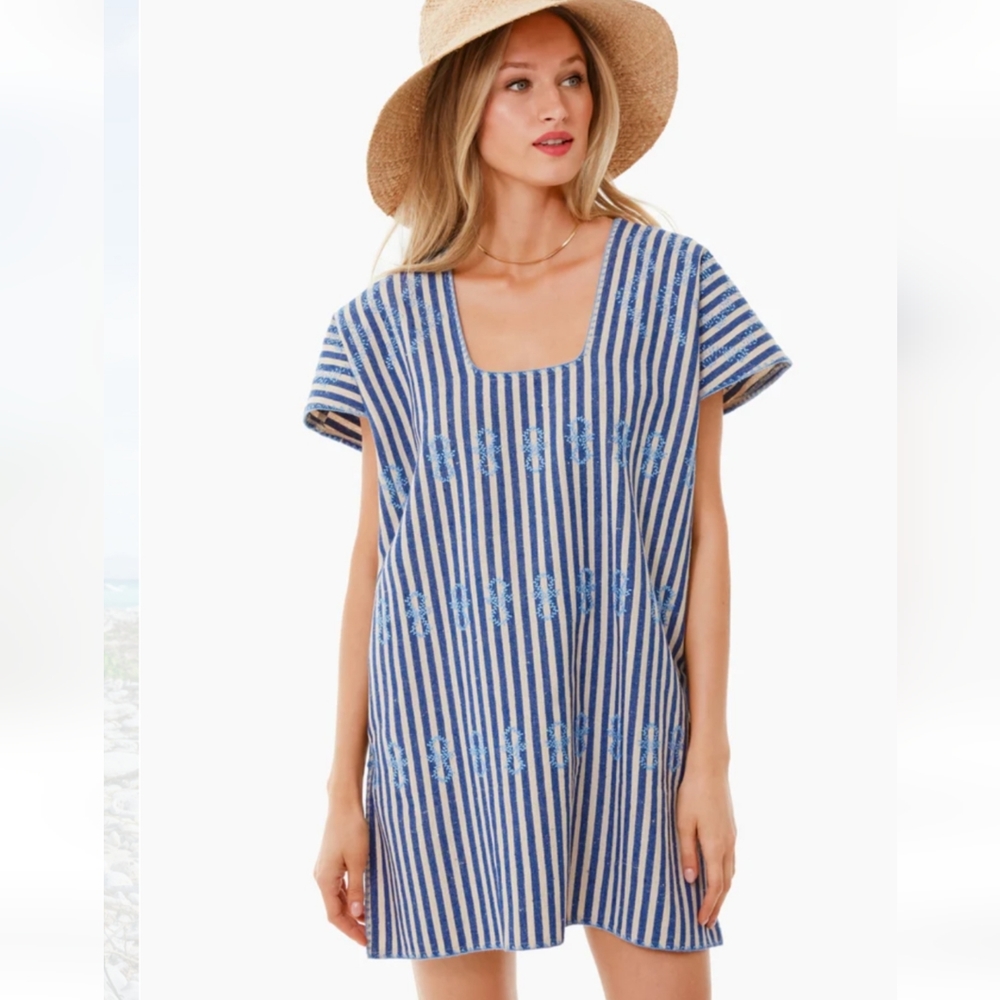 Tuckernuck Navy and White Striped Embroidered Short Coverup